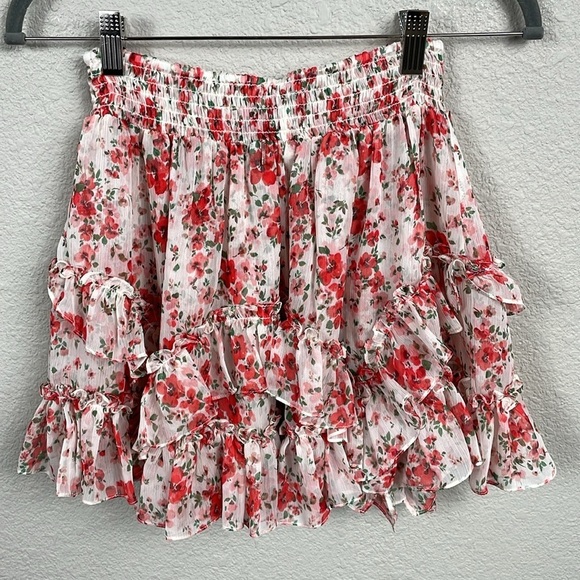 New Misa Los Angeles Floral Mini Skirt Smocked Elastic Waist Tiered Ruffles M - Picture 5 of 12
